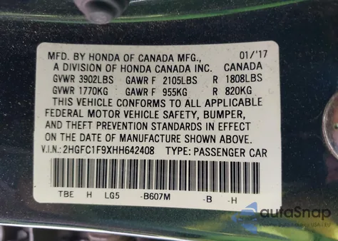 2017 Honda Civic Touring from USA, damaged, VIN 2HGFC1F9XHH642408